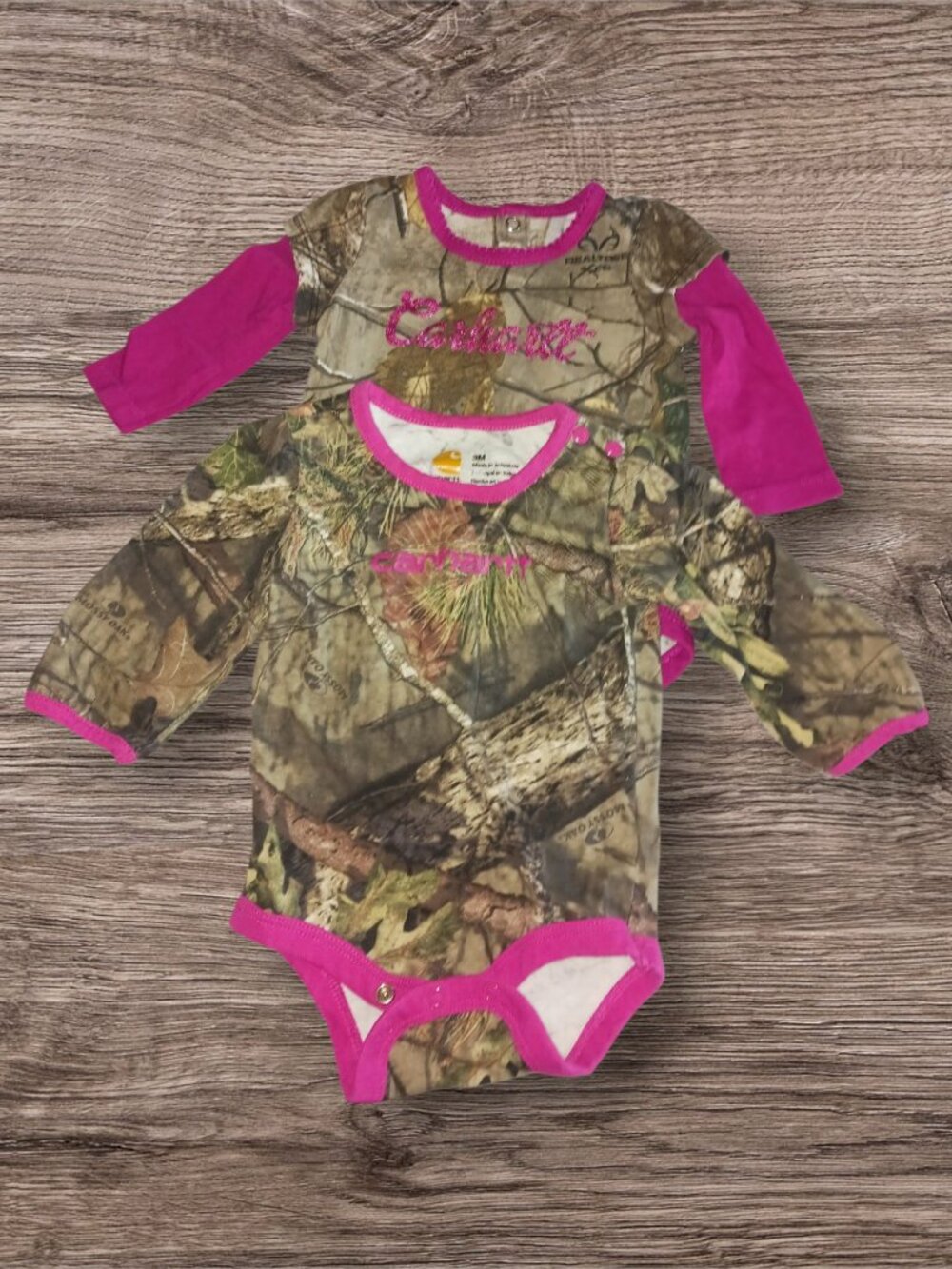 Carhartt 18 Months Camo Long Sleeve Bodysuit Bundle Lot of 2 Pink Trim